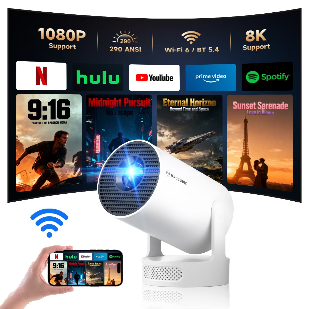 Mini Projector 8K&4K Support with Wifi 6 and BT 5.4, 5W Soundbase Speaker, Auto Vertical Keystone 180° Rotatable Portable Projector for Home Bedroom Outdoor Movies Hy300Pro+ White
