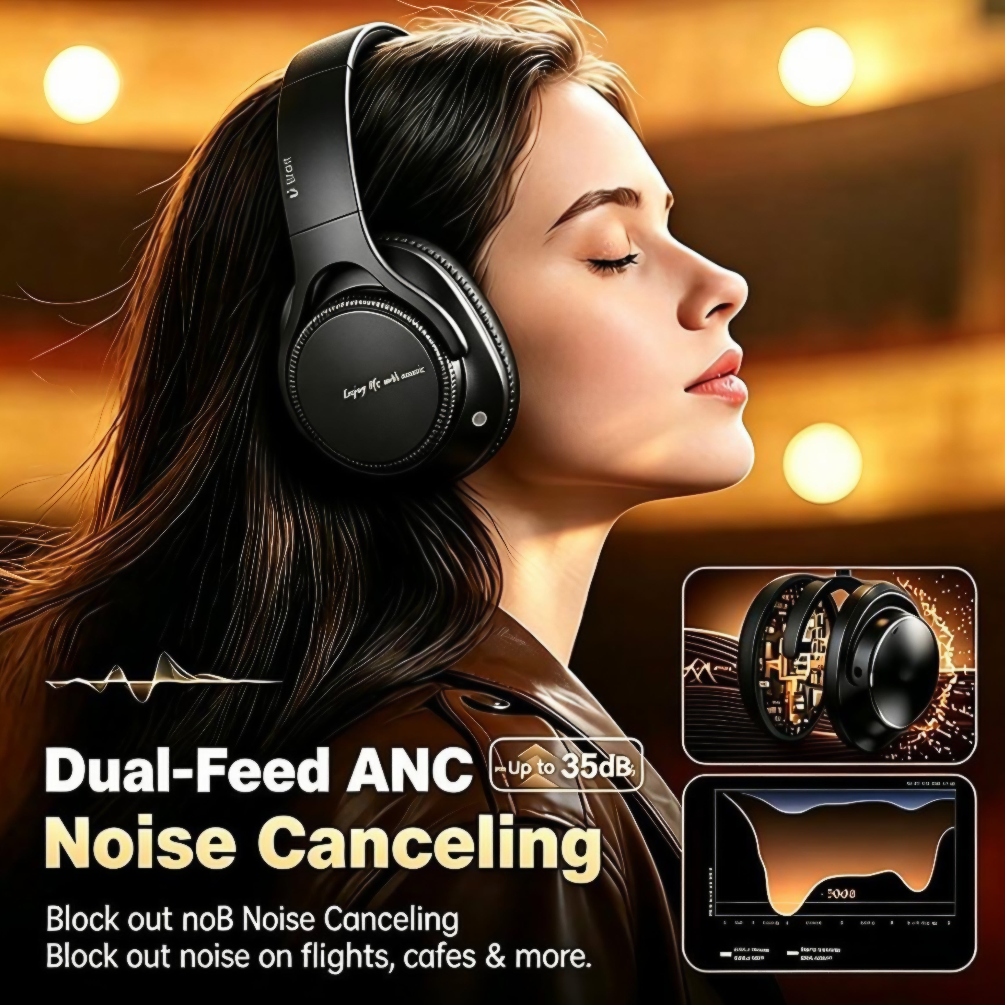 ANC Wireless over Ear Headphones Bluetooth 5.4 35Db Dual Feed Noise Cancelling Hi-Res Stereo Deep Bass Foldable Portable Headset 60H Long Playtime Wired Wireless Dual Mode Soft Memory Foam Earpads Built-In Mic Low Latency Headphones for Travel Work Study