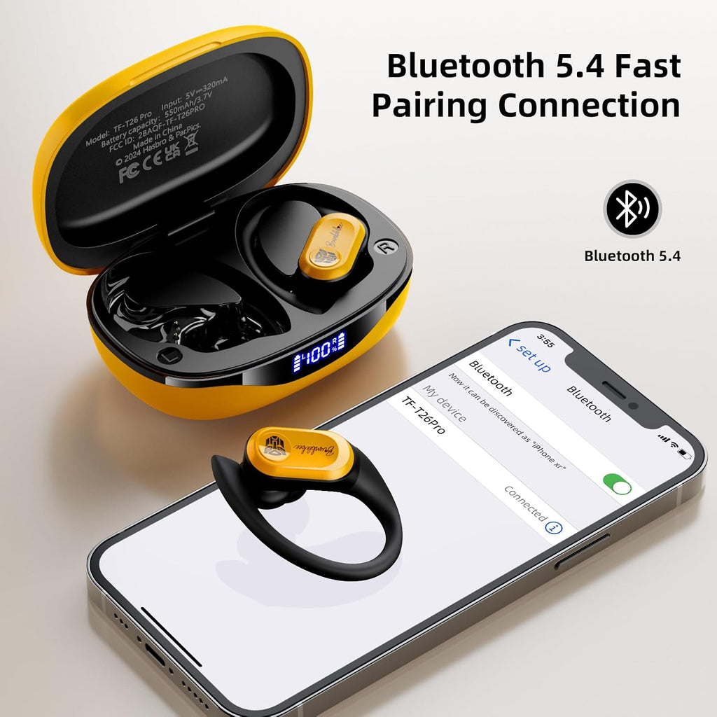 Transformers Earbuds T26 Pro, Bluetooth 5.4 Wireless Gaming Earbuds with Mic, over Ear Earbuds with Earhooks, 65H Playtime, Deep Bass, IPX5 Waterproof (Bumblebee Yellow)