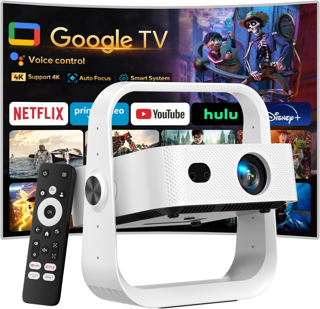 [Official Licensed Google TV] Projector, Smart 4K&1080P Projector with Wifi and Bluetooth, Auto Focus & Keystone, Voice Control Movie Video Projector, Home Projector with 360° Rotating Stand
