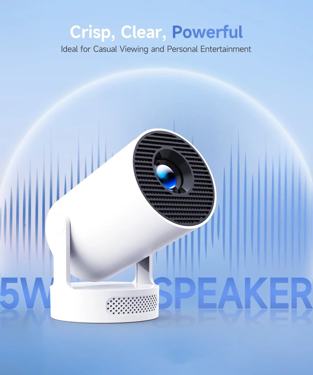 Mini Projector 8K&4K Support with Wifi 6 and BT 5.4, 5W Soundbase Speaker, Auto Vertical Keystone 180° Rotatable Portable Projector for Home Bedroom Outdoor Movies Hy300Pro+ White