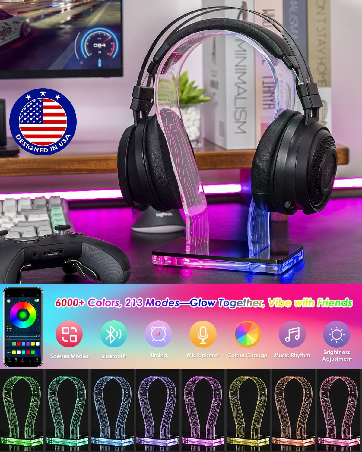 Acrylic RGB Headphone Stand | Customizable 213 Lighting Modes & 60,000 Colors, Lights Sync with Music Beat, Headset Stand with 4.8Ft USB Power Cable & Sturdy Build