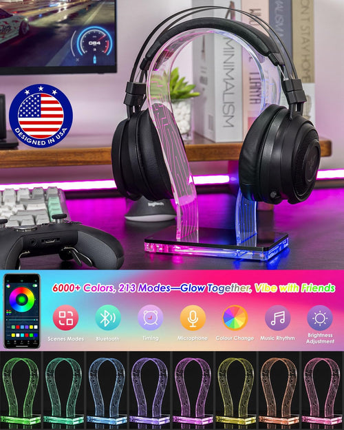 Acrylic RGB Headphone Stand | Customizable 213 Lighting Modes & 60,000 Colors, Lights Sync with Music Beat, Headset Stand with 4.8Ft USB Power Cable & Sturdy Build