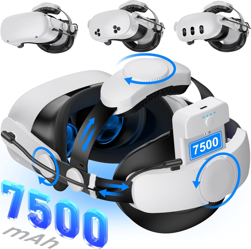 for Meta Quest 3S/3/2 Head Strap with 7500Mah Hot-Swap Bateries for 3-4H Playtime,Double Knobs Adjustable VR Headset Strap with Large Support Pad Enhanced Support&Comfort for Games
