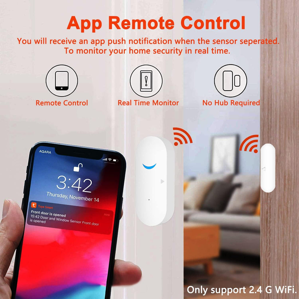Smart Door Sensor Alarm Wireless, Wifi Door Window Detector with 8 Batteries, Smart Linkage Window Door Contact Sensor for Home Security Compatible with Alexa/Google Assistant, No Hub Required, 4 Pack