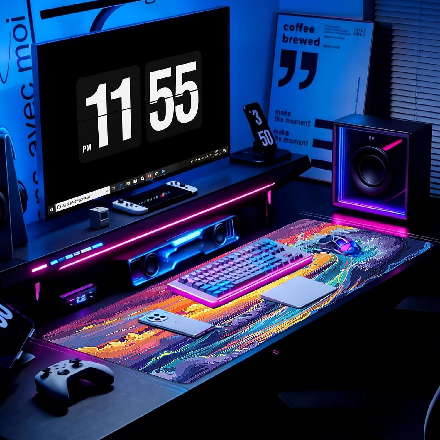 Gaming Desk Mat with Silky Smooth Surface & Exquisite Patterns,31.5X11.8 Inches Large-Sized Mouse Pad, Perfect for Extended Gaming,Work,And Home Office Decor (Japanese Waves 3)