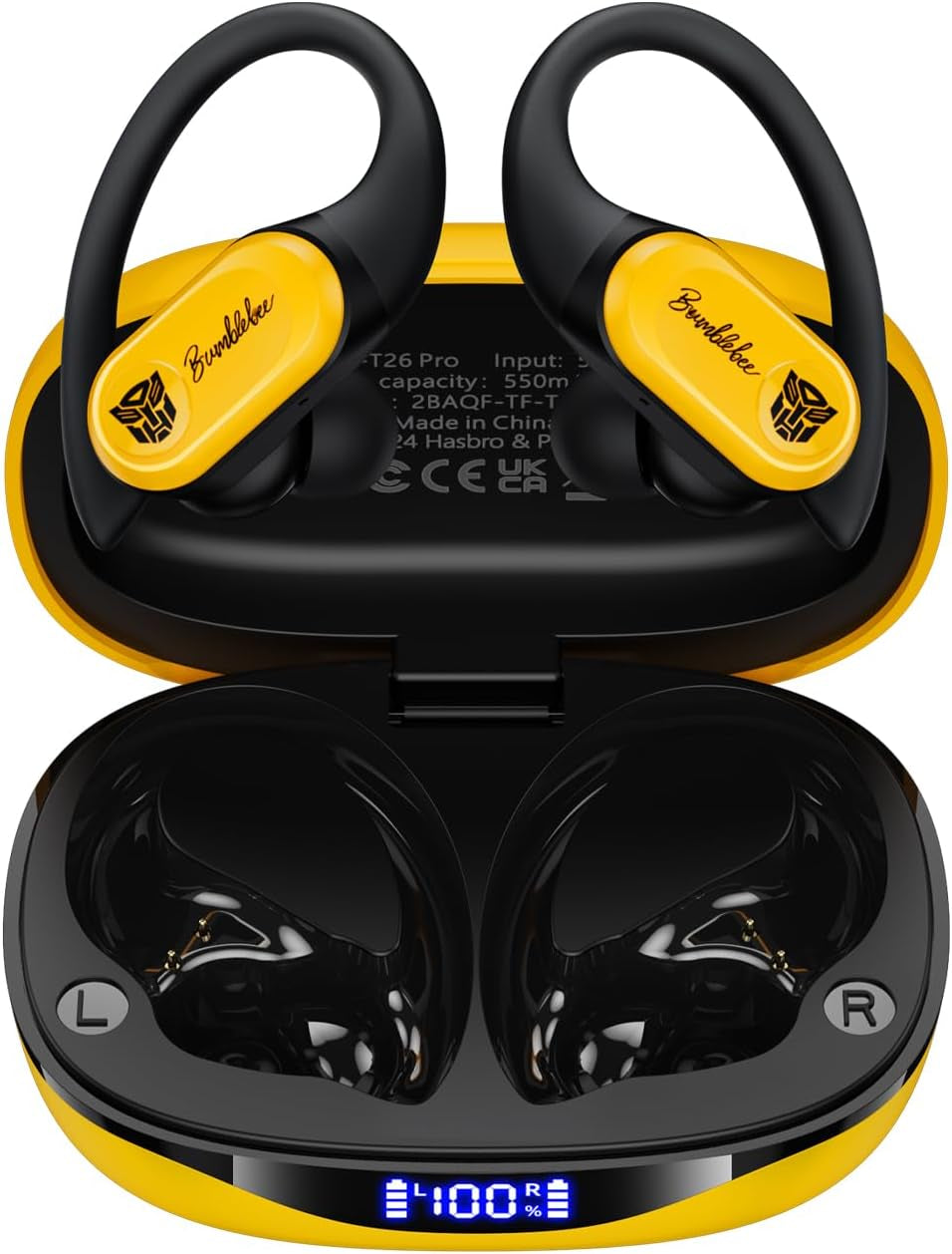 Transformers Earbuds T26 Pro, Bluetooth 5.4 Wireless Gaming Earbuds with Mic, over Ear Earbuds with Earhooks, 65H Playtime, Deep Bass, IPX5 Waterproof (Bumblebee Yellow)
