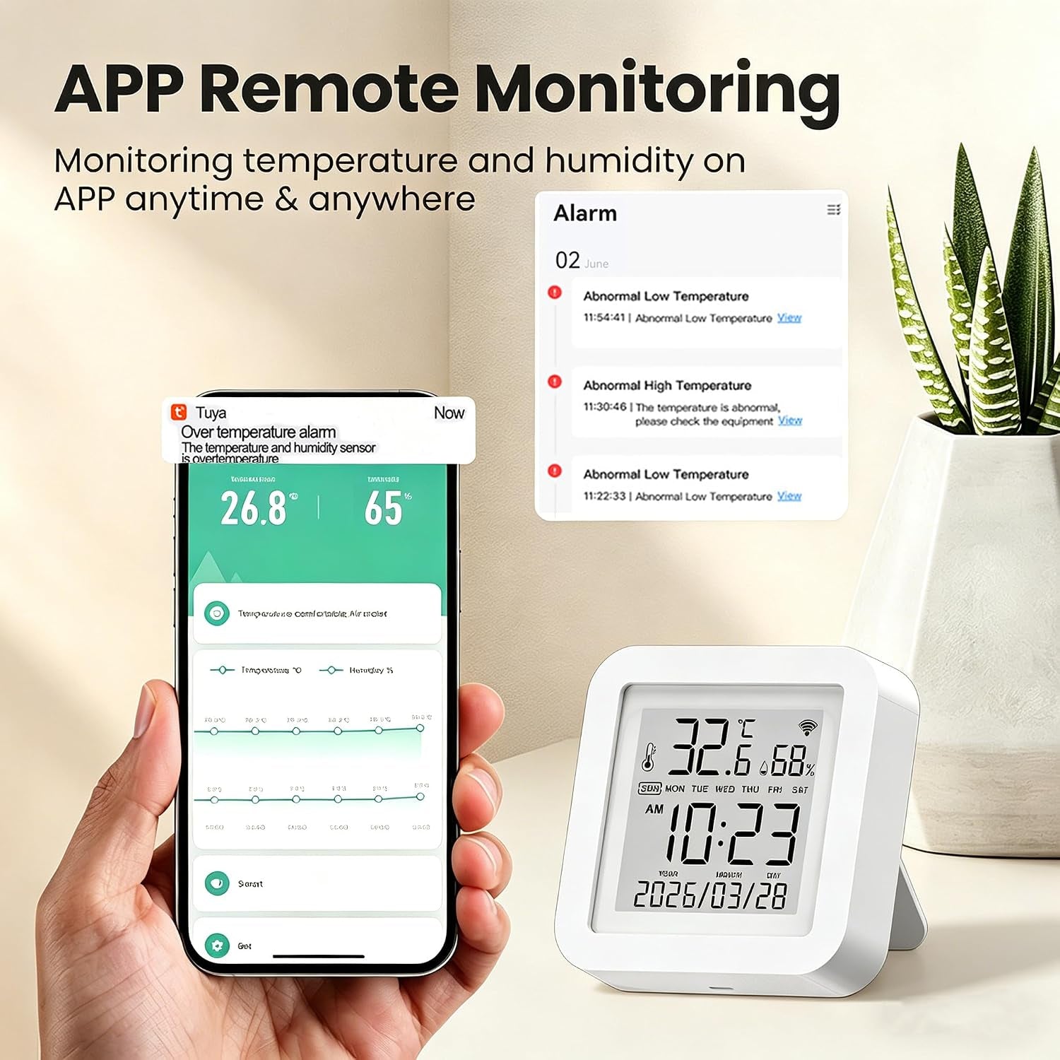 Smart Wifi Temperature Humidity Monitor: TUYA Wireless Temperature Humidity Sensor with APP Notification Alerts, Wifi Thermometer Hygrometer for Home Pet Garage,Compatible with Alexa