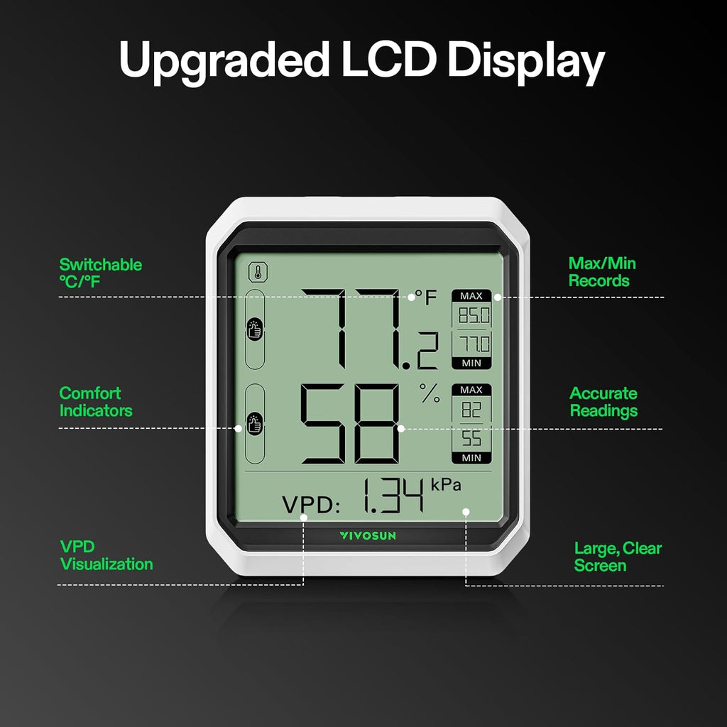 VIVOSUN Aerolab THB1 Wireless Bluetooth Hygrometer Thermometer Indoor, Smart Temperature Monitor, VPD, Digital Humidity Meter, LCD Remote Control & Alert, Data Storage, Dual Channels, Battery Included