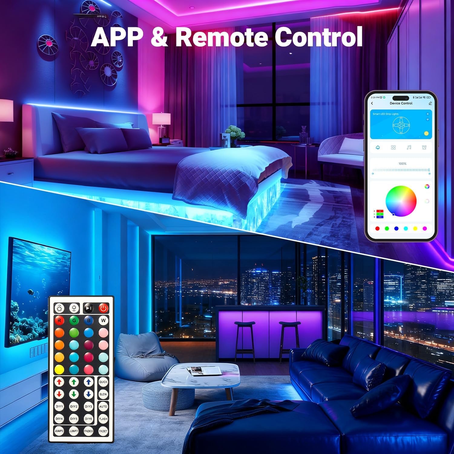 Led Strip Lights 200 Ft (2 Rolls of 100Ft) Smart Led Light Strips with Remote and App Control, RGB Music Sync Color Changing Led Lights for Bedroom, Kitchen, Party, Home Decor