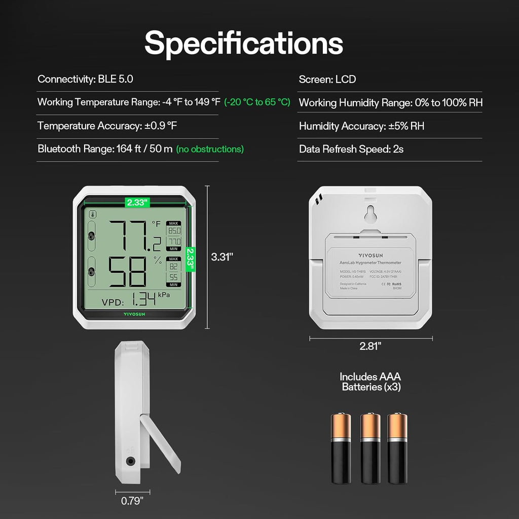 VIVOSUN Aerolab THB1 Wireless Bluetooth Hygrometer Thermometer Indoor, Smart Temperature Monitor, VPD, Digital Humidity Meter, LCD Remote Control & Alert, Data Storage, Dual Channels, Battery Included