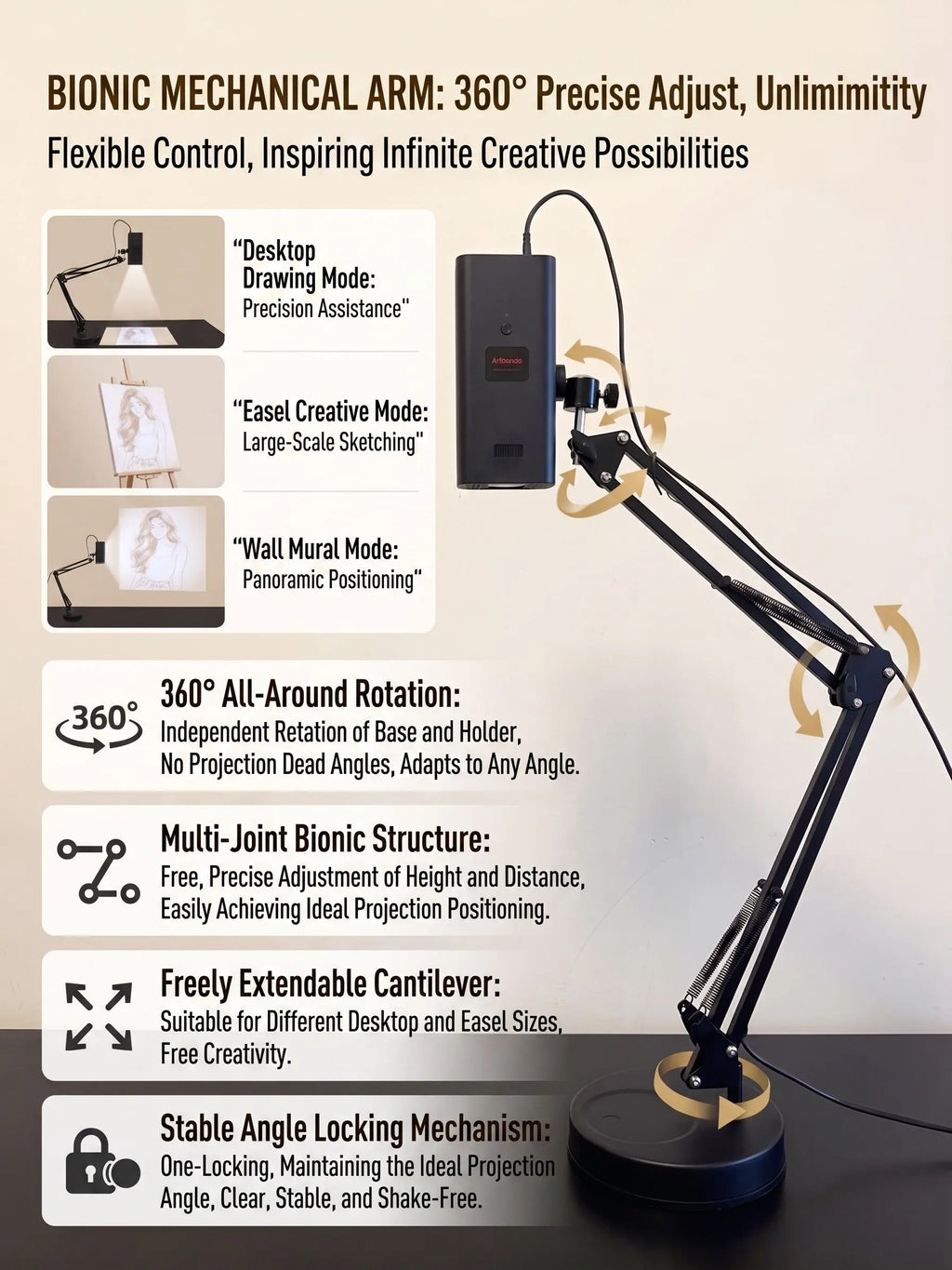 Art Tracing Projector with 360° Flexible Arm - Beginner-Friendly Digital Drawing Tool for Sketching, Painting, Wall Murals and Cookie Decorating