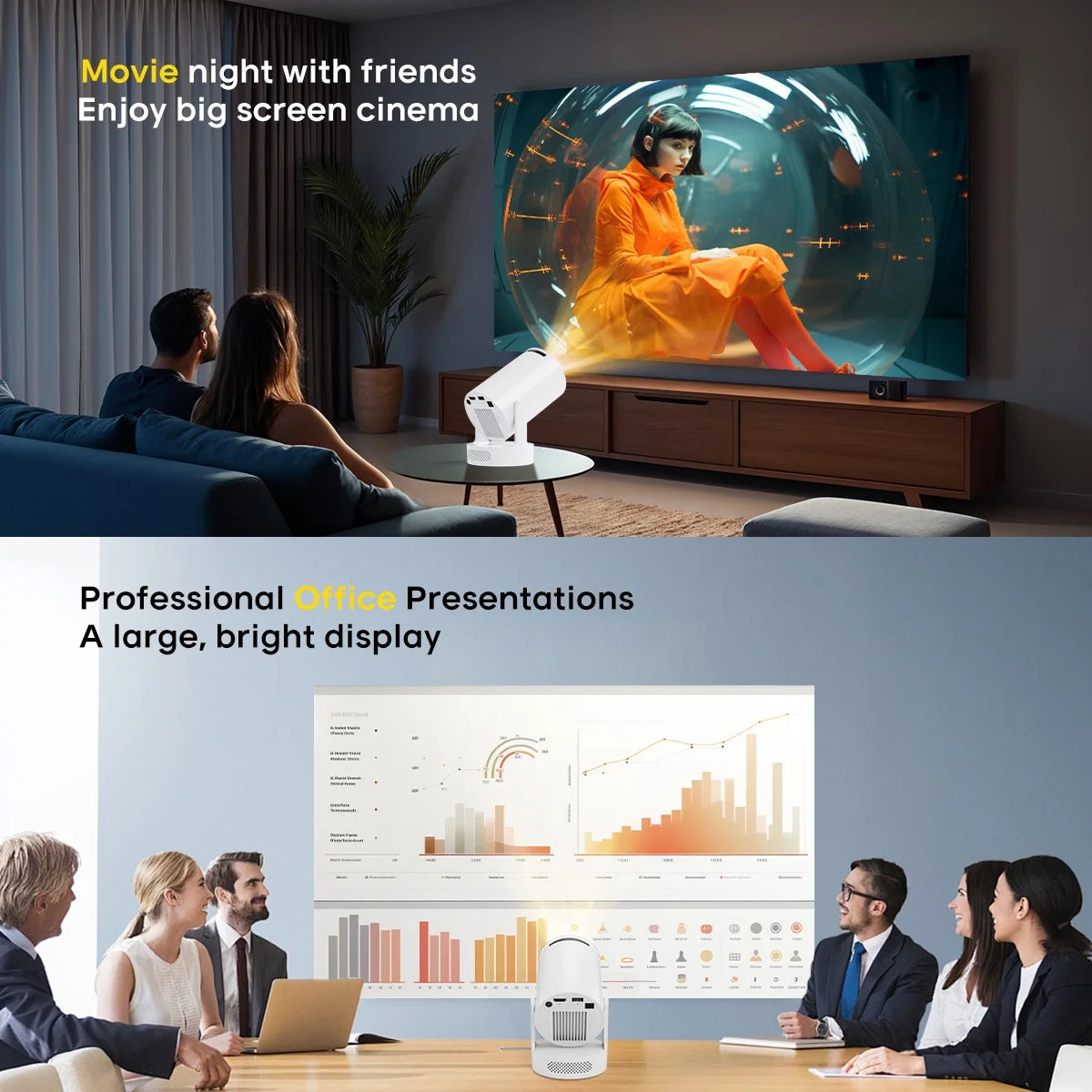 Mini Projector 8K&4K Support with Wifi 6 and BT 5.4, 5W Soundbase Speaker, Auto Vertical Keystone 180° Rotatable Portable Projector for Home Bedroom Outdoor Movies Hy300Pro+ White