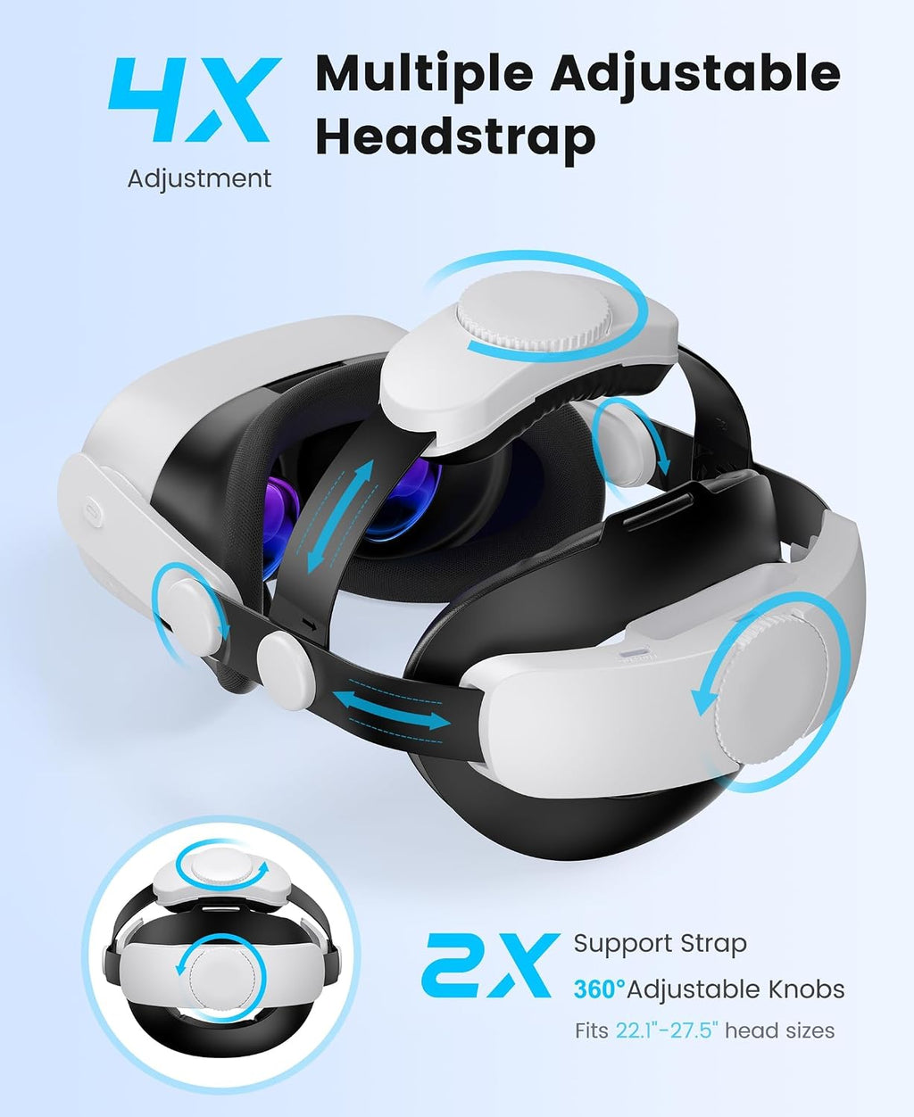for Meta Quest 3S/3/2 Head Strap with 7500Mah Hot-Swap Bateries for 3-4H Playtime,Double Knobs Adjustable VR Headset Strap with Large Support Pad Enhanced Support&Comfort for Games