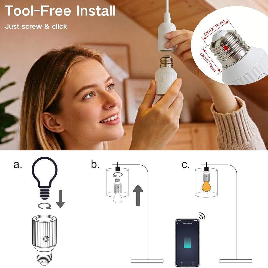 Smart Wi-Fi Light Bulb Socket Adapter, Voice for Alexa/Google, Smart Life App Group & Timer, 60W Max, Incandescent Compatible, E26/E27, 2 Pack