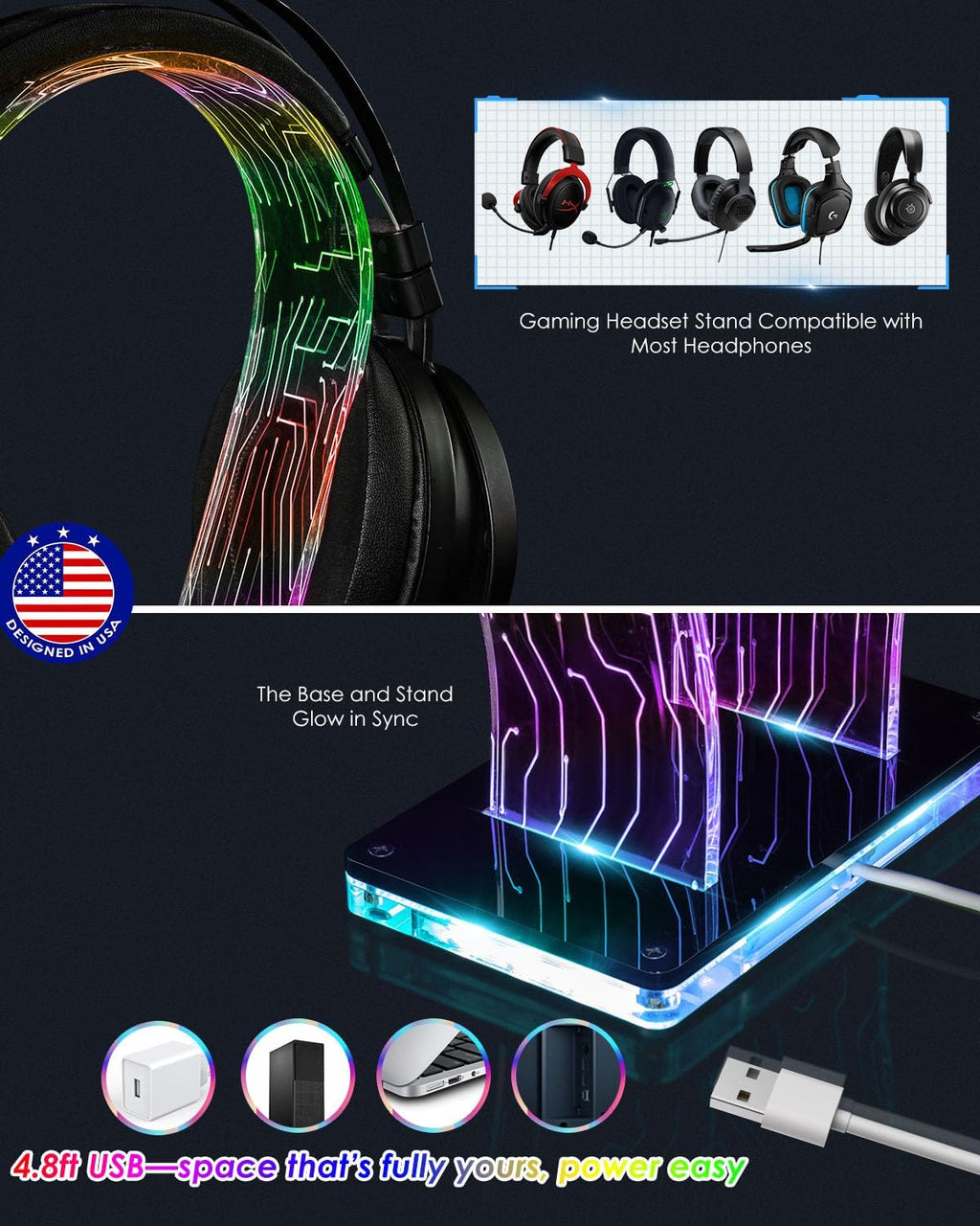 Acrylic RGB Headphone Stand | Customizable 213 Lighting Modes & 60,000 Colors, Lights Sync with Music Beat, Headset Stand with 4.8Ft USB Power Cable & Sturdy Build