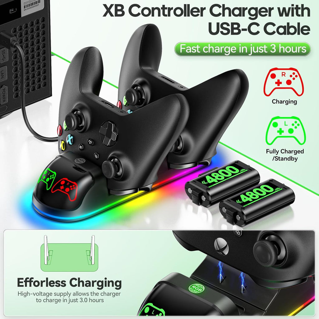 Controller Charger Station with 2X4800Mwh Rechargeable Battery Packs Compatible with Xbox One/Elite/Series X|S, Controller Charging Dock, XB Gaming Accessories with 9 RGB Modes and 4 Battery Covers