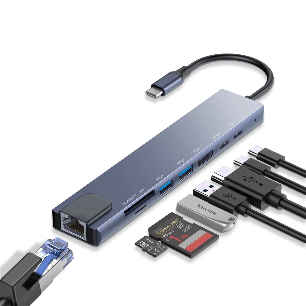 USB C Hub Ethernet,4K USB C to HDTV Hub,8 IN1 Type C Adapter,Dock Dongle Compatible