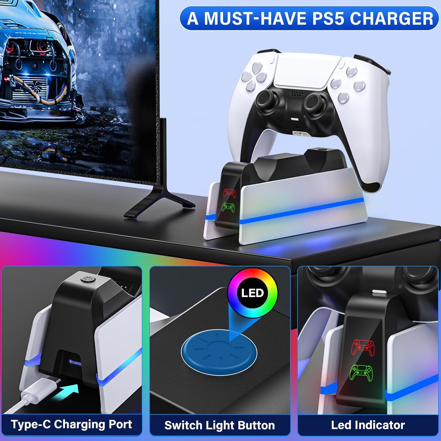 Charger Station for PS5 Controller - Charging Station for Dualsense/Edge Controller with 9 Color Led Light, Fast Charging Dock & Holder Charger Stand for PS5 Remote Accessories
