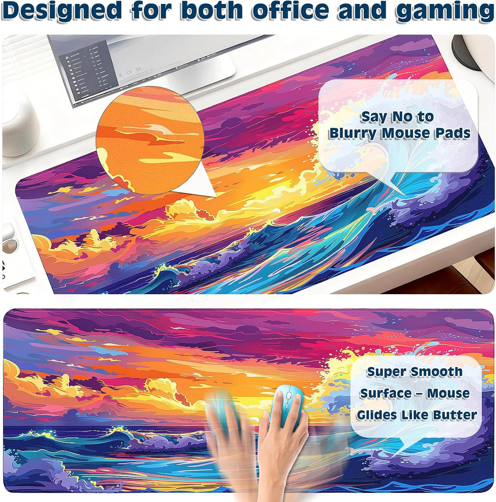 Gaming Desk Mat with Silky Smooth Surface & Exquisite Patterns,31.5X11.8 Inches Large-Sized Mouse Pad, Perfect for Extended Gaming,Work,And Home Office Decor (Japanese Waves 3)