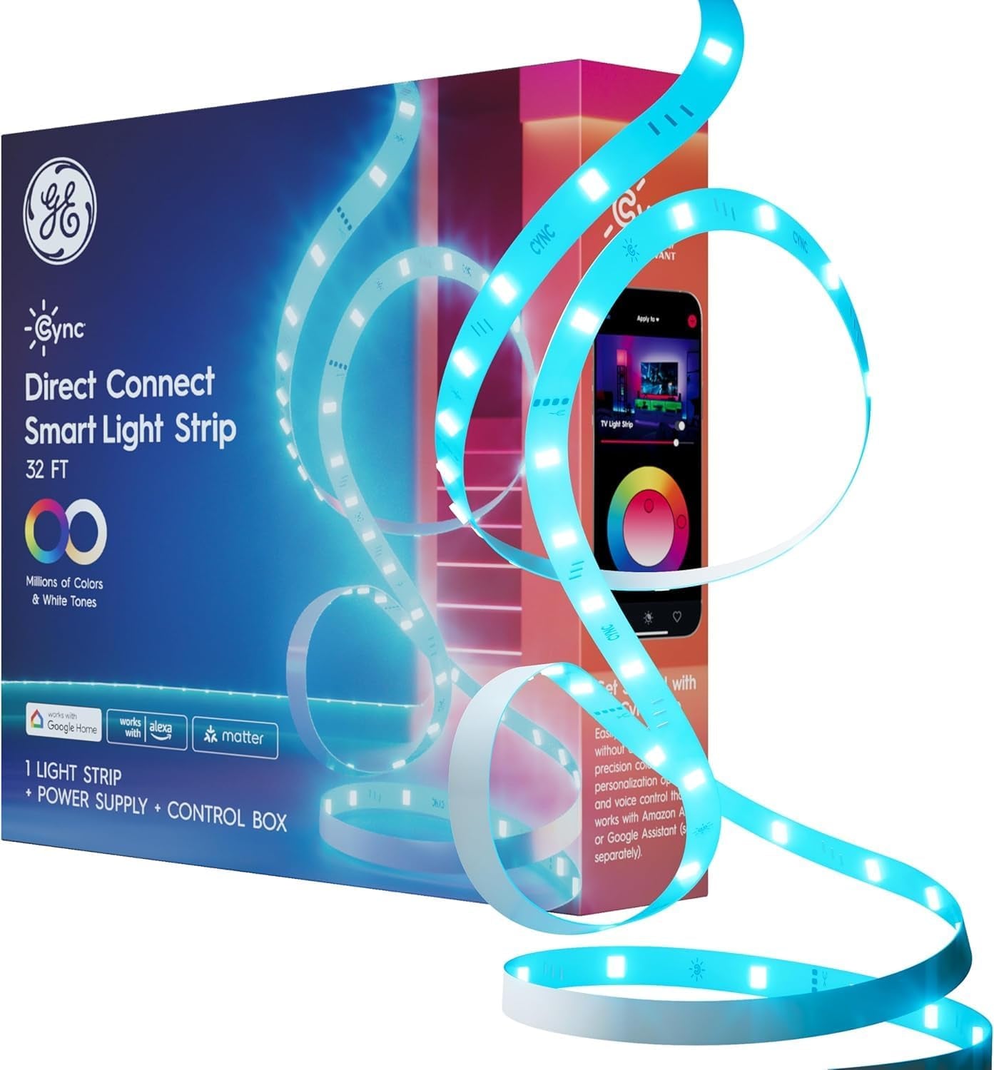 GE  Smart LED Strip Light, Color Changing Room Decor LED Light Strip, Works with Alexa and Google Home, Matter Compatible, LED Lights for Bedroom, Millions of Colors and White Tones, 32 Feet