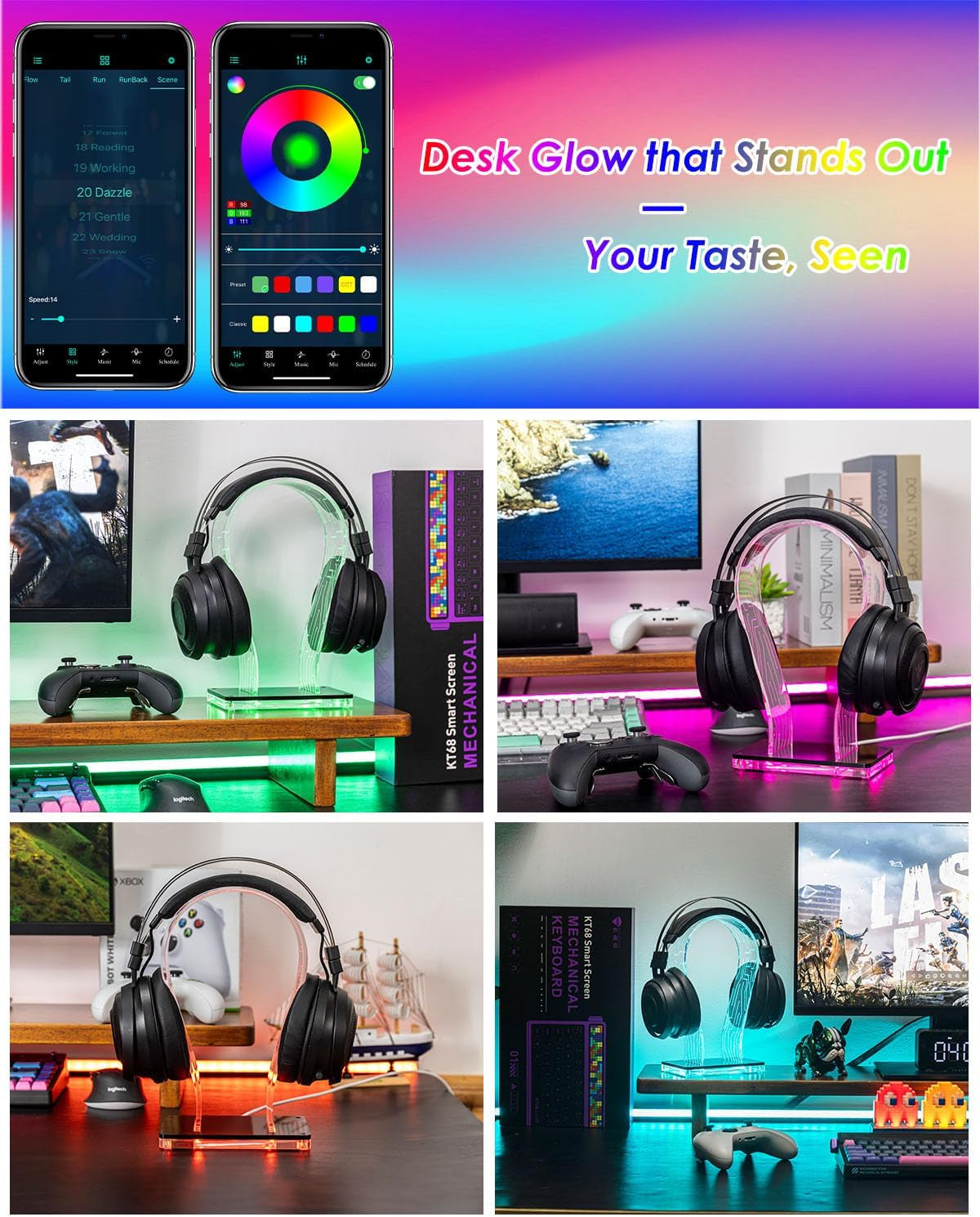Acrylic RGB Headphone Stand | Customizable 213 Lighting Modes & 60,000 Colors, Lights Sync with Music Beat, Headset Stand with 4.8Ft USB Power Cable & Sturdy Build