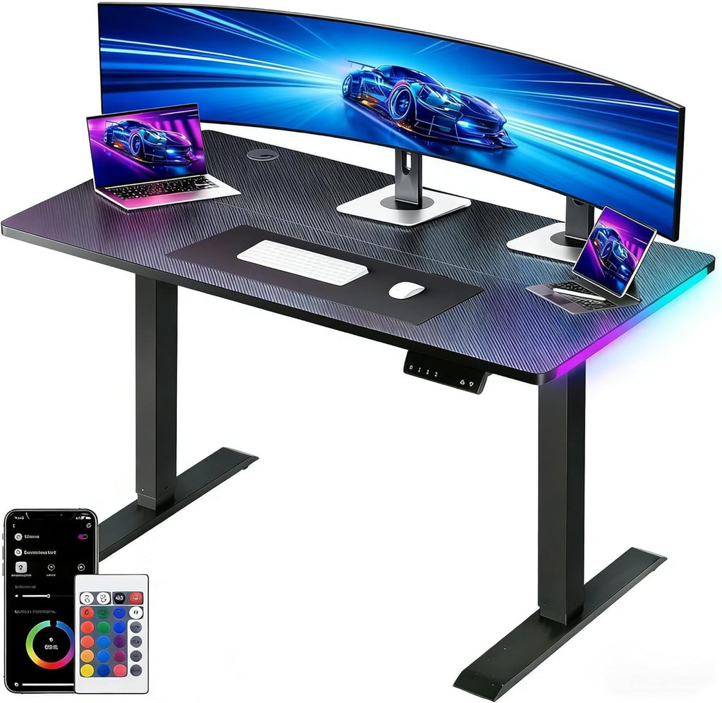 Electric Standing Desk, Gaming Desk with LED Lights, Height Adjustable - RGB Computer Desk with Mouse Pad for Home, Office