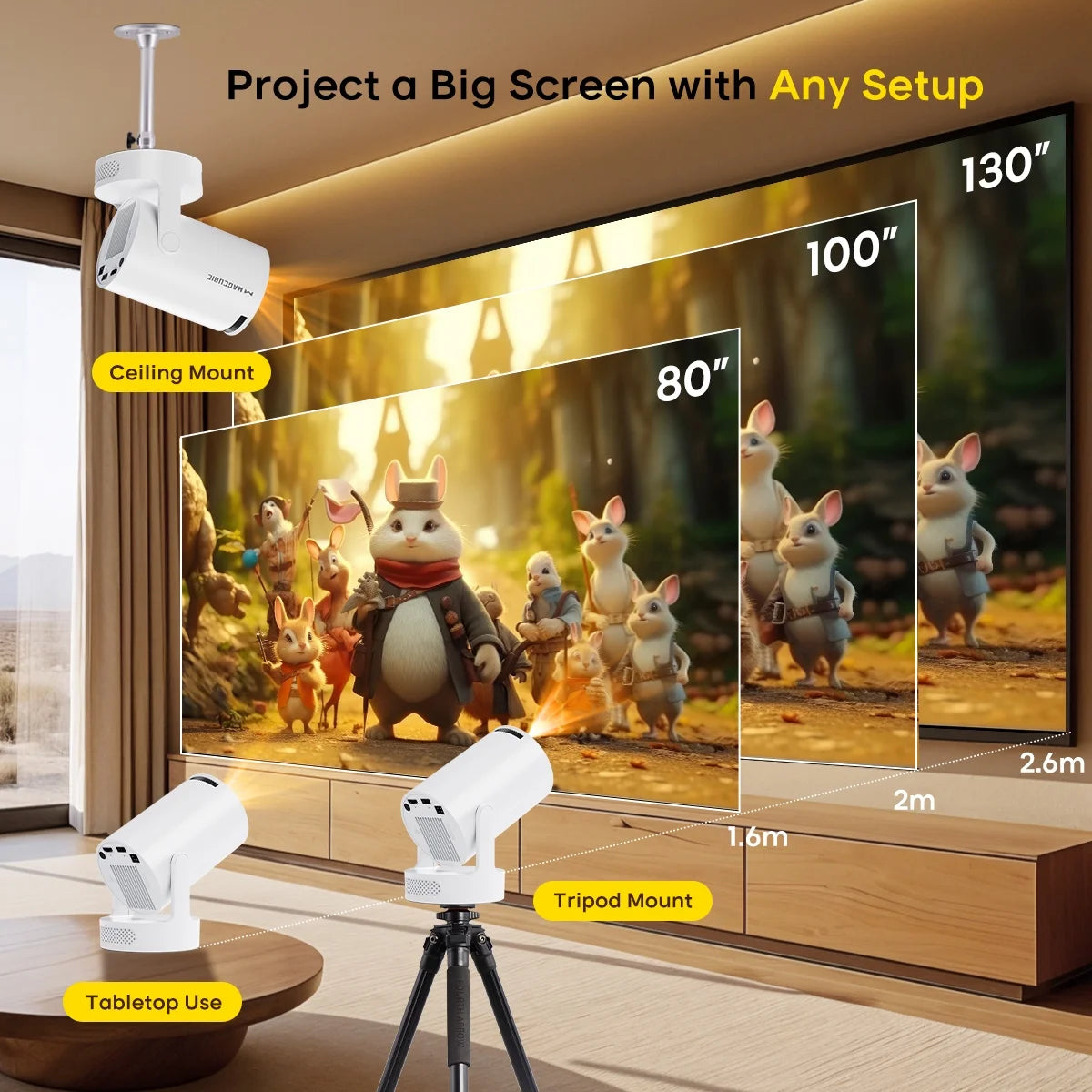 Mini Projector 8K&4K Support with Wifi 6 and BT 5.4, 5W Soundbase Speaker, Auto Vertical Keystone 180° Rotatable Portable Projector for Home Bedroom Outdoor Movies Hy300Pro+ White