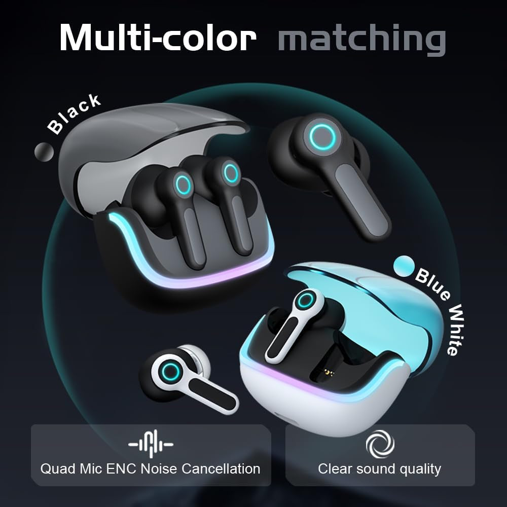 G07 Wireless Earbuds with RGB LED Light Gaming Earbuds with 40Ms Low Latency Dual Game and Music Mode Earphones Wireless Headphones with 50 Hours Worktime IPX5 Waterproof (Black)