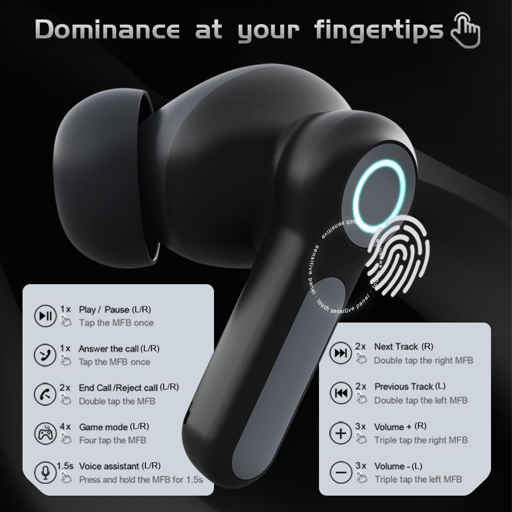 G07 Wireless Earbuds with RGB LED Light Gaming Earbuds with 40Ms Low Latency Dual Game and Music Mode Earphones Wireless Headphones with 50 Hours Worktime IPX5 Waterproof (Black)