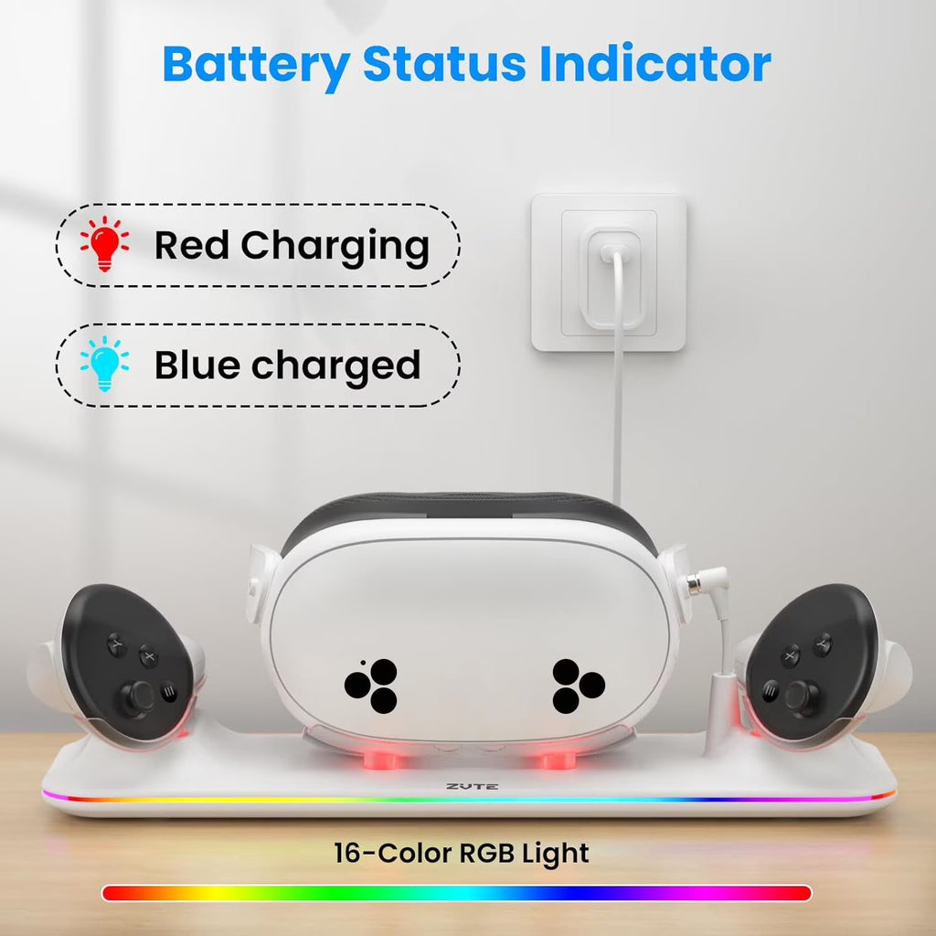 VR Charging Dock for Oculus/Meta Quest 3S - Magnetic Docking Station with LED Light - Charging Stationo Display with 2 * 1800Mah Rechargeable Batteries - VR Charging Stand Support Elite Strap,White